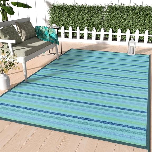 Outdoor Rug 6x9 ft Waterproof, Reversible Plastic Straw Patio Rug for RV Camping Mat, Deck, Backyard Balcony Mat - Lightweight & Easy to Clean, LightBlue
