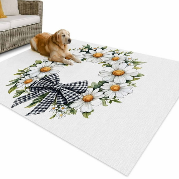 Outdoor Rug 6x9 ft White Daisy Floral Waterproof Outdoor Patio Rug Mat Non Slip Outside Area Rugs Carpet for RV,Camping,Porch,Deck,Pool,Balconybackyard,Rustic Farm Plaid Bow Wreath