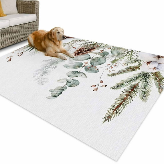 Outdoor Rug 6x9 ft Winter Christmas Botanical Waterproof Outdoor Patio Rug Mat Non Slip Outside Area Rugs Carpet for RV,Camping,Porch,Deck,Pool,Balconybackyard,Eucalyptus Leaf Pine Branch White