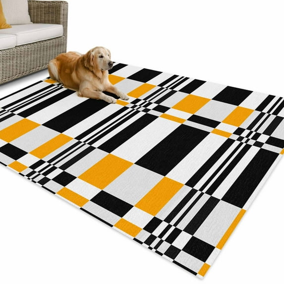 Outdoor Rug 6x9 ft Yellow Black Squares Waterproof Outdoor Patio Rug Mat Non Slip Outside Area Rugs Carpet for RV,Camping,Porch,Deck,Pool,Balconybackyard,Abstract Geometric Art