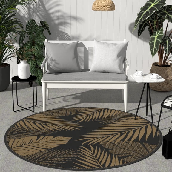 Outdoor Rug 8' Round Waterproof For Patios Clearance Reversible Plastic Straw Camping Carpet Large Area Rugs Mats Rv Camper Deck Balcony Porch Beach Picnic Black&brown