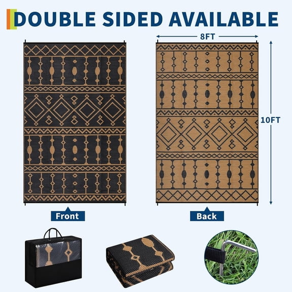 Outdoor Rug 8' x 10' Reversible Woven Plastic Mat Water-Resistant Quick-Dry Foldable with Carry Bag and Stakes for Camping RV Deck Beach Picnic Black Brown
