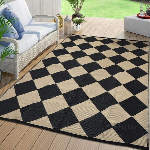 Outdoor Rug 8x10/9x18 ft, Large Washable Reversible Plastic Straw Carpet with Carry Bag, Fade-Resistant Lightweight Mat for Patio Deck RV Camping Picnic – Botanical Diamond Design