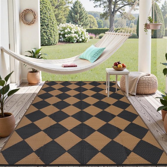 Outdoor Rug 8x10/9x18 ft, Large Washable Reversible Plastic Straw Carpet with Carry Bag, Fade-Resistant Lightweight Mat for Patio Deck RV Camping Picnic – Botanical Diamond Design