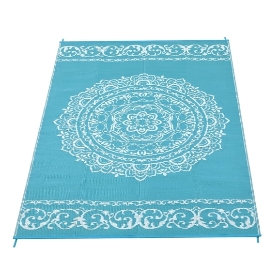 Outdoor Rug 8x10 Ft - Waterproof Plastic Reversible Style Camping Mat for Patio, RV, Blue & White