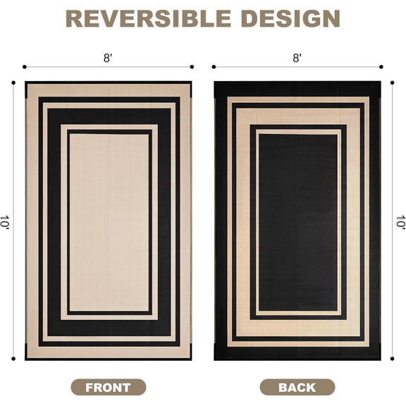Outdoor Rug 8x10 Ft Waterproof Plastic Straw Rugs for , RV, Beach, Camping, Backyard, Porch, Picnic, Black&Beige
