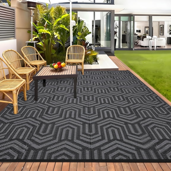 Outdoor Rug 8x10 Geometric Water Ripple Reversible PP Woven Mat, Lightweight Patio Carpet for Patio Deck Camping RV Balcony, Black Gray