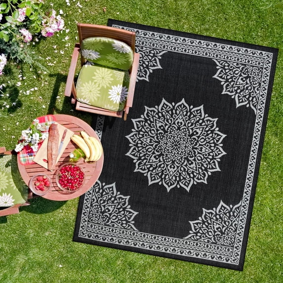Outdoor Rug 8x10 Medallion Black White Modern Area Rugs For Indoor And Patios Kitchen Hallway Mats Washable Porch Deck Outside Carpet (medallion 8 X 10)
