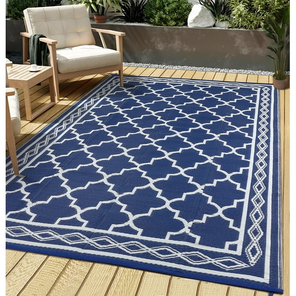 Outdoor Rug 8x10 RV Camping Outdoor Plastic Rug Waterproof Portable Reversible Patio Mat, Large Floor Carpet for Deck Beach Porch Portable Foldable Outside Rug for Deck,Camper, Navy/White