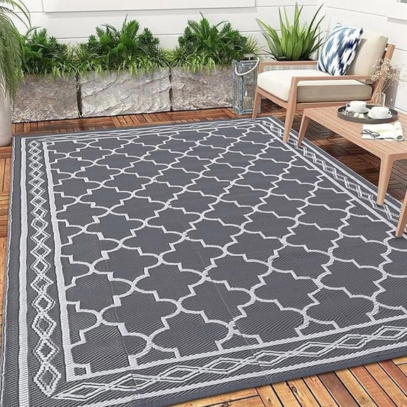 Outdoor Rug 8x10 Reversible Mats, Plastic Straw Rug, Large Floor Mat and Rug for Outdoors, Modern Area Rug, Patio, Backyard, Deck, Picnic, Beach, Trailer, Camping, Grey/White(Geometric)
