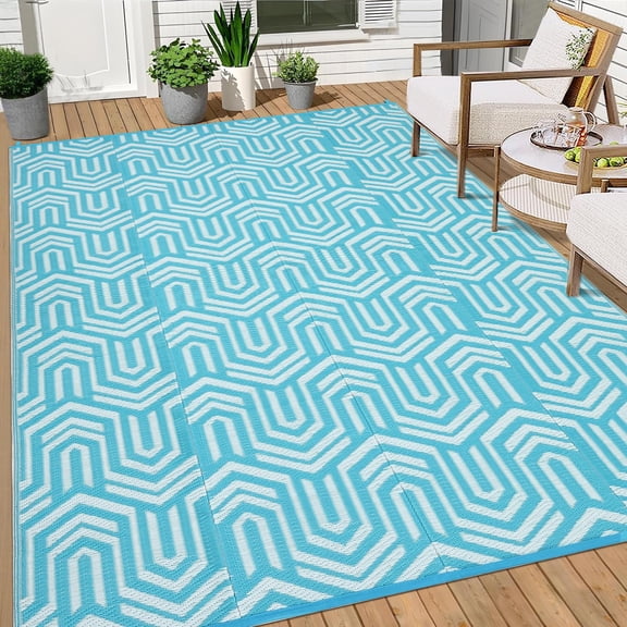Outdoor Rug 8x10 Waterproof Patio Rugs Abstarct Line Reversible Mat for Front Door Rv Foldable Plastic Straw Carpet for Travel Trailers, Deck, Porch, Camper, Balcony, BeachLight Blue