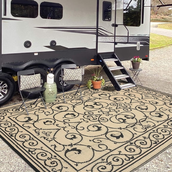 Outdoor Rug 8x10 Waterproof Patio Rugs Vintage Reversible Mat for Front Door Rv Foldable Plastic Straw Carpet for Travel Trailers, Deck, Picnic, Porch, Camper, Balcony, BeachBlack Beige