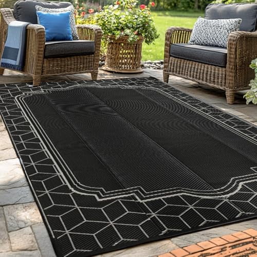 Outdoor Rug, 8x10ft Waterproof Reversible Mat Indoor Outdoor Rugs Carpet, Small Area Rug Plastic Straw Rug for Patio Deck Balcony Pool RV Camping Beach Picnic, Black, Rugscape Series$$Garden & Patio