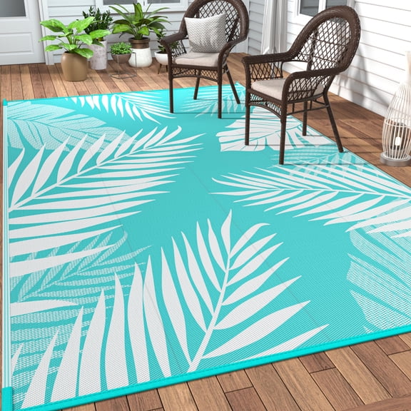 Outdoor Rug 9' X 12' Waterproof For Patiosrance Reversible Plastic Stcamping Carpet Large Area Rugs Mats Rv Camper Deck Balcony Porch Beach Aqua Blue&white