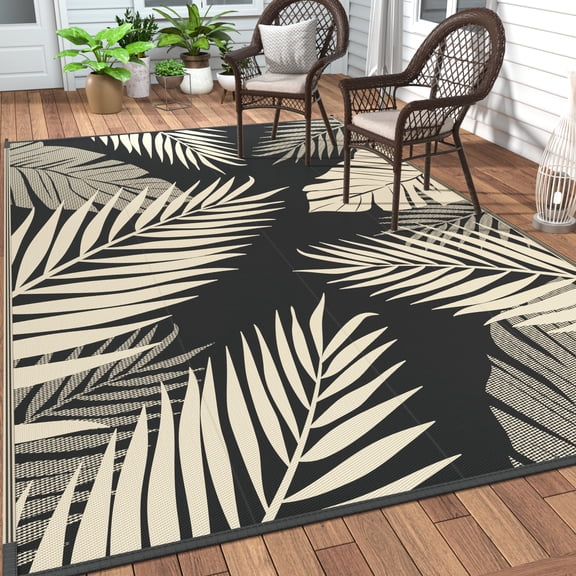 Outdoor Rug 9' X 18' Waterproof For Patios Clearance Reversible Plastic Straw Camping Carpet Large Area Rugs Mats Rv Camper Deck Balcony Porch Beach Picnic Black&beige