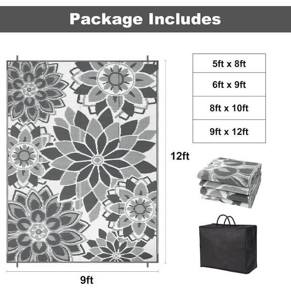 Outdoor Rug for , 9' x 12' Reversible Plastic Straw Area Rugs Mat, Waterproof Mat for Camper Indoor Outdoor Carpet for RV Deck Porch Picnic Beach Balcony, Grey & White