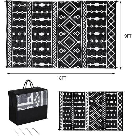 Outdoor Rug 9' x 18' Reversible Woven Plastic Mat Water-Resistant Quick-Dry Foldable with Carry Bag and Stakes for Camping RV Deck Beach Picnic Black White