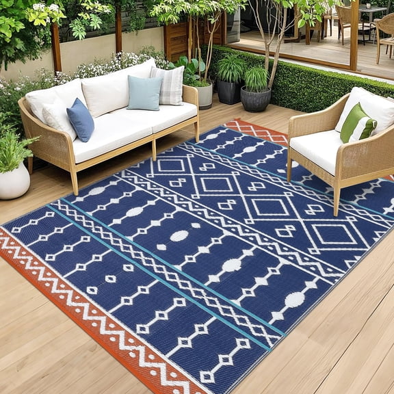 Outdoor Rug, 9x12 FT Reversible Plastic Camping Rugs, Large Waterproof Floor Mat and Rug for Outdoors, Outside Carpet for Rv, Deck, Camper, Picnic, Blue & Red