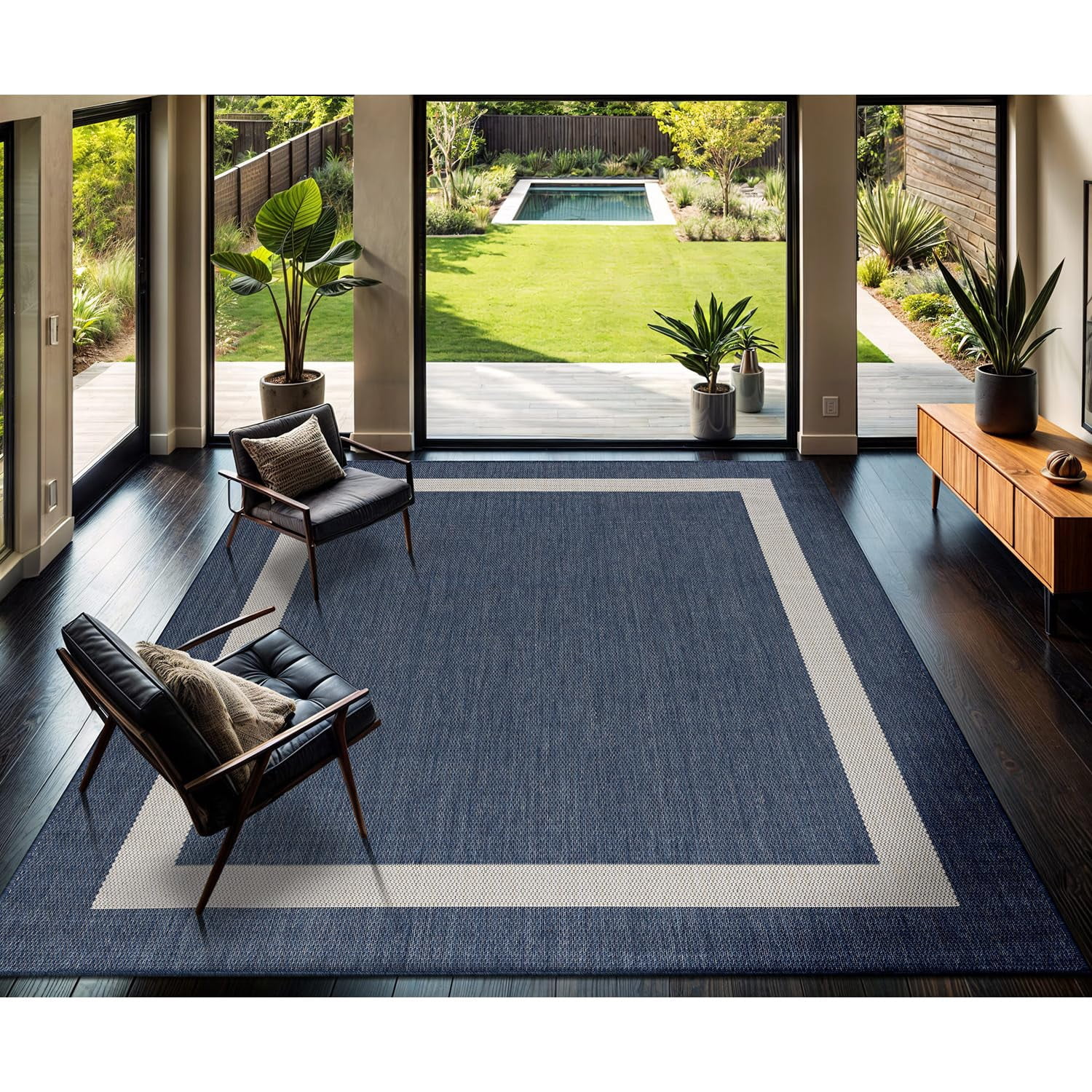 Outdoor Rug 9x12  Large Modern Outside Rugs For Patios Porches Waterproof Durable Washable Non-shedding Easy-to-clean Indoor Area Carpet (9 X 12 Bordered - Blue/white)