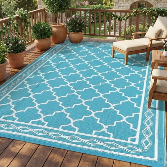 Outdoor Rug 9x12 Outdoor Rug for Patios Clearance,Waterproof Mat,Large Outside Carpet,Reversible Plastic Straw Camping Rugs,Rv,Porch,Deck,Camper,Balcony,Backyard, Light Blue/White