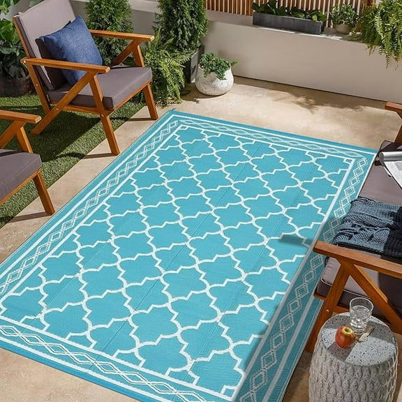 Outdoor Rug 9x12 Reversible Mats, Plastic Straw Rug, Large Floor Mat and Rug for Outdoors, Modern Area Rug, Patio, Backyard, Deck, Picnic, Beach, Trailer, Camping, Teal/White(Geometric)