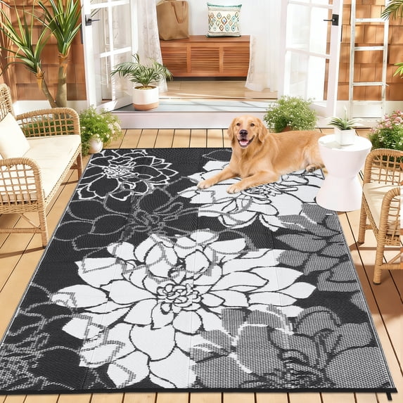 Outdoor Rug 9x12 Reversible Modern Floral Patio Rug Waterproof & Washable Outside Carpet, UV Weather Resistant RV Camping Mat, Durable Plastic Outdoor Carpet for Garden Yard, Black