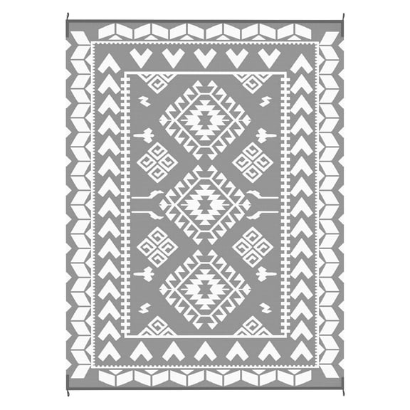 Outdoor Rug 9x12 Reversible Waterproof - Gray & White Rhombus Patchwork - RV Camping Mat with Carry Bag - Patio, Beach, Picnic