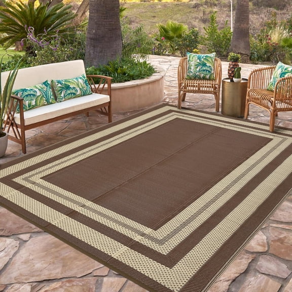 Outdoor Rug 9x12 Waterproof Patio Rug Reversible Plastic Straw Rugs Camping Mat Modern Geometric Portable Foldable Large Rugs for RV Porch Balcony Picnic Beach Backyard Coffee/Beige Panel