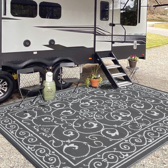 Outdoor Rug 9x12 Waterproof Patio Rug Reversible Plastic Straw Rugs Camping Mat Modern Geometric Portable Foldable Large Rugs for RV Porch Balcony Picnic Beach Backyard Floral Grey