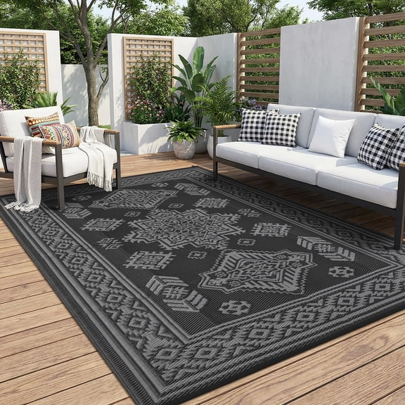Outdoor Rug 9x12, Waterproof Reversible Plastic Straw Patio Rug, Stain-Resistant & Easy to Clean, Large Vintage Outdoor RV Mat for Deck, Camping, Balcony, Backyard, Black and Grey