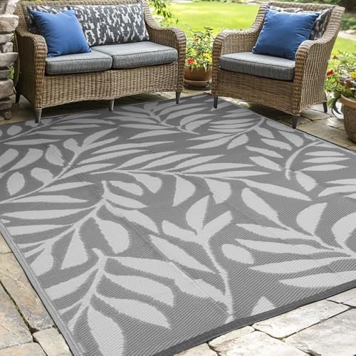 Outdoor Rug, 9x12ft Waterproof Reversible Mat Indoor Outdoor Rugs Carpet, Small Area Rug Plastic Straw Rug for Patio Deck Balcony Pool RV Camping Beach Picnic, Grey, Rugscape Series$$Garden & Patio
