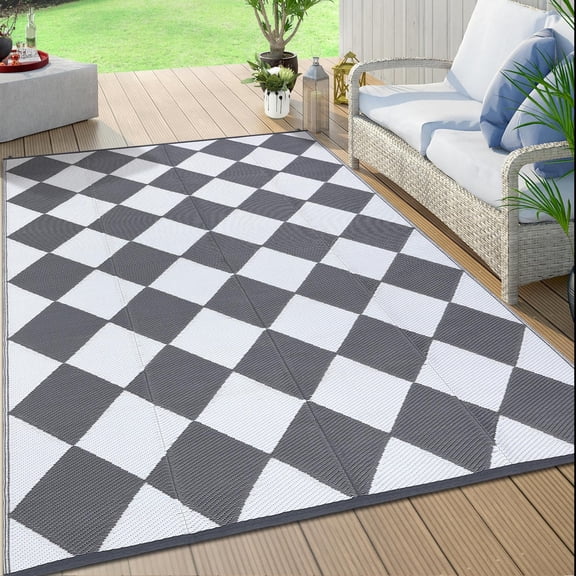 Outdoor Rug 9x18 Ft, Waterproof Plastic Reversible Rug, Modern Diamond Pattern Camping Mat for Outdoors, RV, Patio, Backyard, Deck, Picnic, Beach, Trailer(Grey & White)