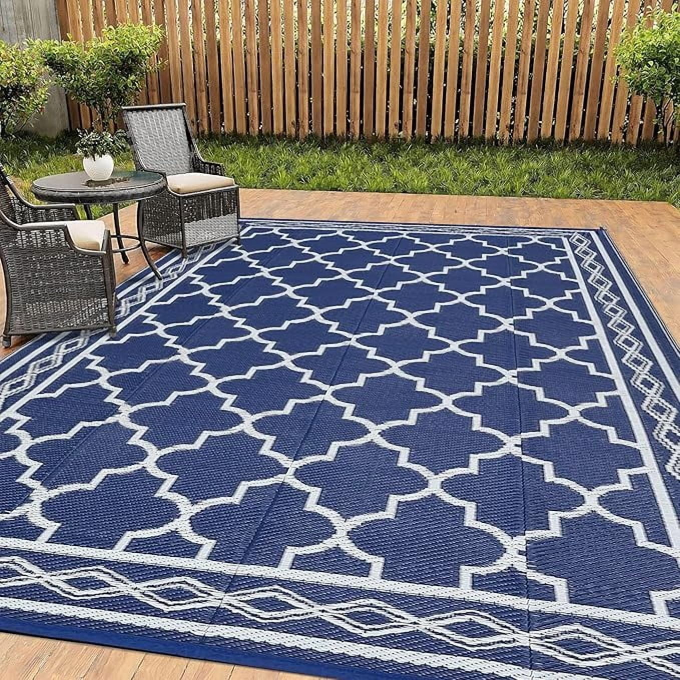 Outdoor Rug 9x18 Reversible Mats, Plastic Straw Rug, Large Floor Mat and Rug for Outdoors, Modern Area Rug, Patio, Backyard, Deck, Picnic, Beach, Trailer, Camping, Navy/White(Geometric)