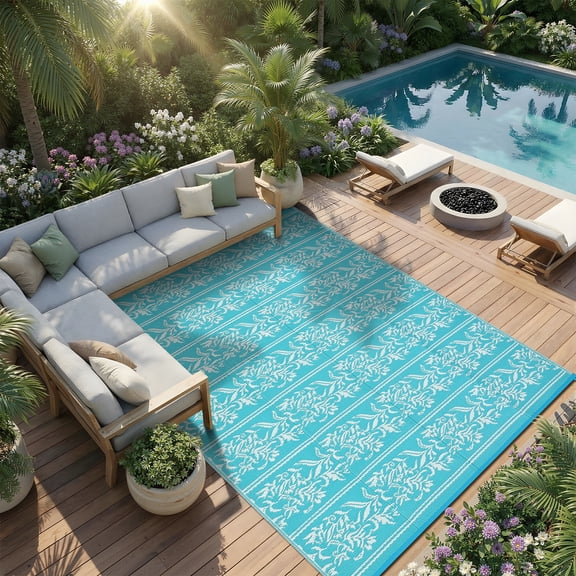 Outdoor Rug 9x18 Waterproof for Patio, Reversible Outdoor Plastic Straw Rug, Wallpaper Flower Indoor Outdoor Mat Carpet for RV, Camping, Deck, Backyard, Picnic, BlueWhite