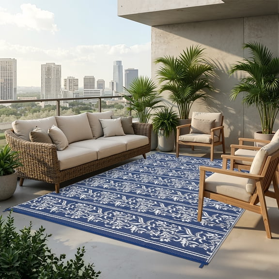 Outdoor Rug 9x18 Waterproof for Patio, Reversible Outdoor Plastic Straw Rug, Wallpaper Flower Indoor Outdoor Mat Carpet for RV, Camping, Deck, Backyard, Picnic, NavyWhite