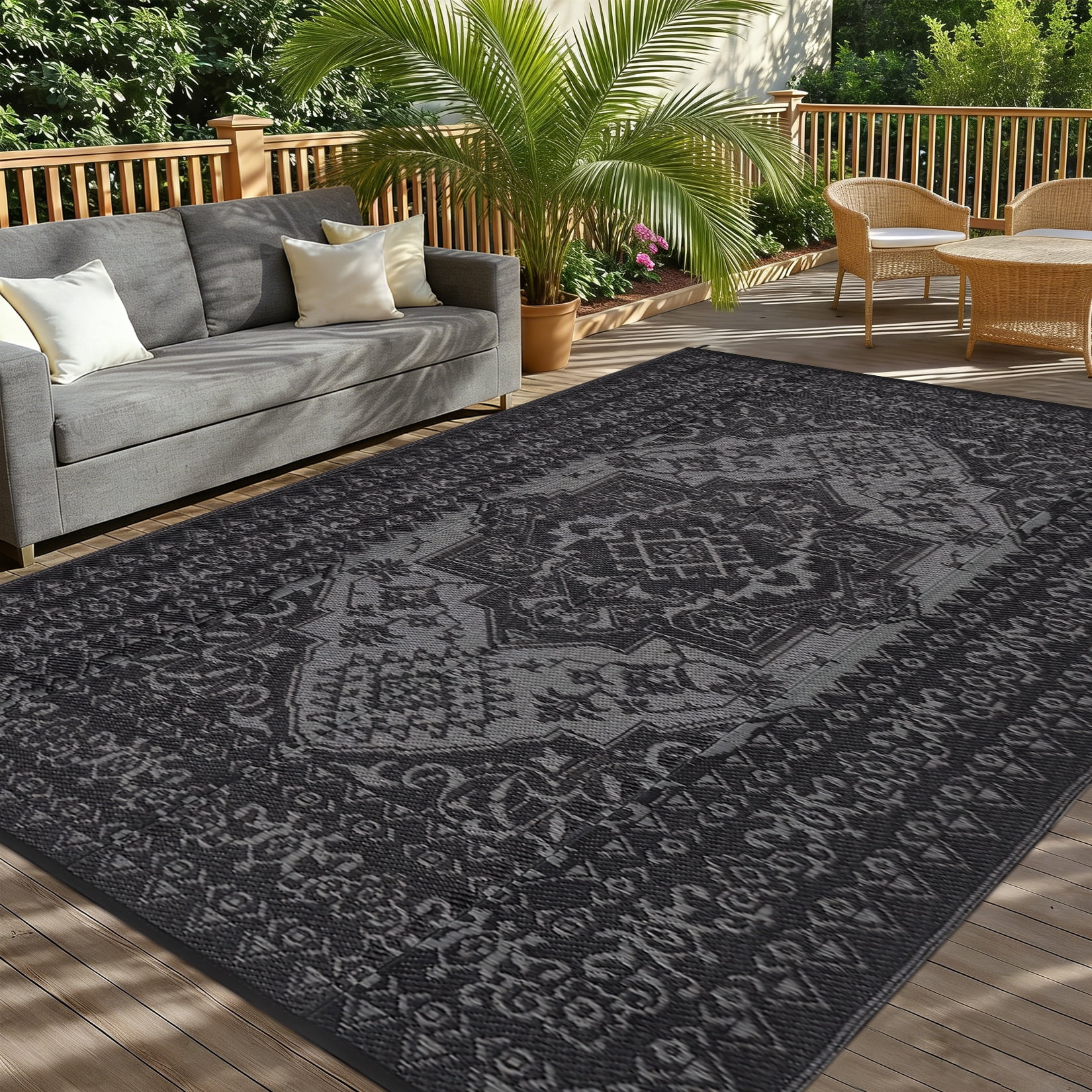 Outdoor Rug 9x18 Waterproof Reversible Plastic Straw Patio Mat, Vintage Medallion Indoor Outdoor Carpet for Deck Balcony Porch RV Camping Picnic
