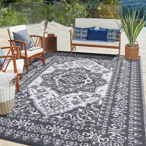 Outdoor Rug 9x18ft, Waterproof Reversible Plastic Straw Rug, Indoor Outdoor Area Rug with Carry Bag and 4 Stakes for Patio, Deck, Backyard, RV, Camping, Beach, Gray/White