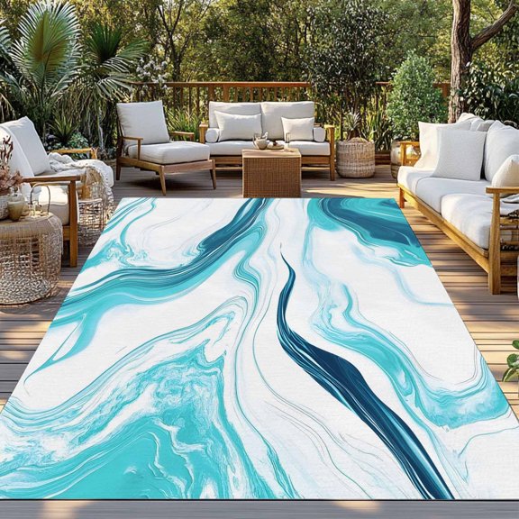 Outdoor Rug, Abstract Blue Gradient Marble Indoor Area Rug Outdoor Carpet RV Camping Rugs 3x5ft Ombre Water Ripple Outside Mat for Patio Picnic Porch Deck Balcony Backyard