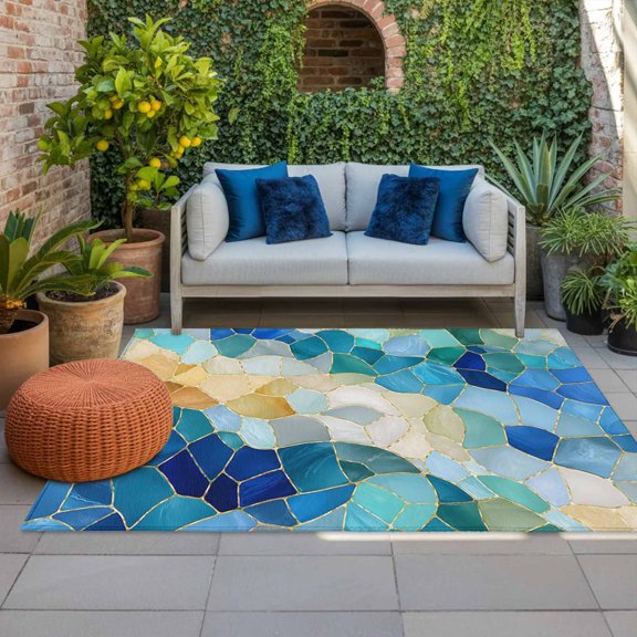 Outdoor Rug, Abstract Blue Yellow Glass Shard Indoor Area Rug Outdoor Carpet RV Camping Rugs 4x6ft Seamless Broken Tile Print Outside Mat for Patio Picnic Porch Deck Balcony Backyard