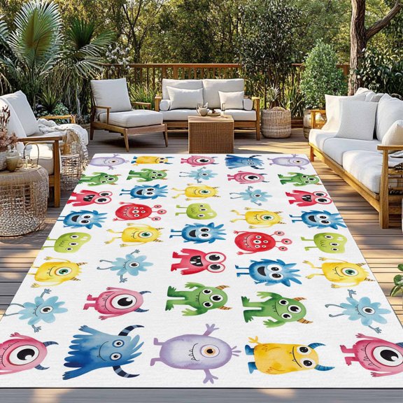 Outdoor Rug, Abstract Cartoon Monsters Indoor Area Rug Outdoor Carpet RV Camping Rugs 3x5ft Seamless Colorful Cute Alien Outside Mat for Patio Picnic Porch Deck Balcony Backyard