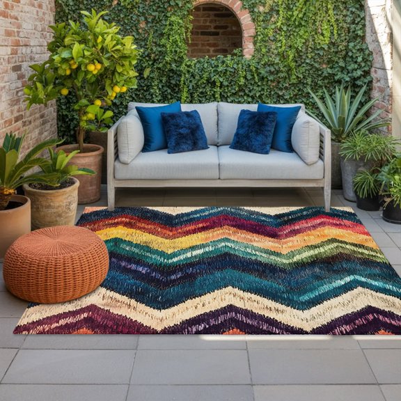 Outdoor Rug, Abstract Colorful Zigzag Striped Indoor Area Rug Outdoor Carpet RV Camping Rugs 4x6ft Modern Geometric Art Outside Mat for Patio Picnic Porch Deck Balcony Backyard