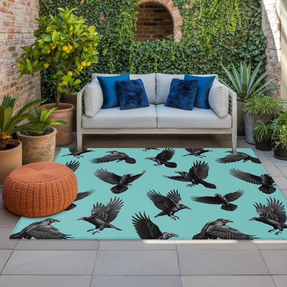 Outdoor Rug, Abstract Halloween Crow Indoor Area Rug Outdoor Carpet RV Camping Rugs 4x6ft Retro Animal on Green Outside Mat for Patio Picnic Porch Deck Balcony Backyard