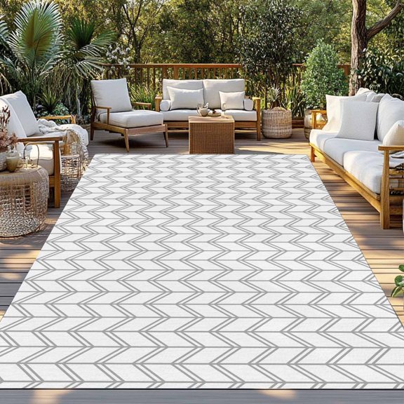 Outdoor Rug, Abstract Herringbone Pattern Indoor Area Rug Outdoor Carpet RV Camping Rugs 3x5ft Modern Gray White Zigzag Outside Mat for Patio Picnic Porch Deck Balcony Backyard