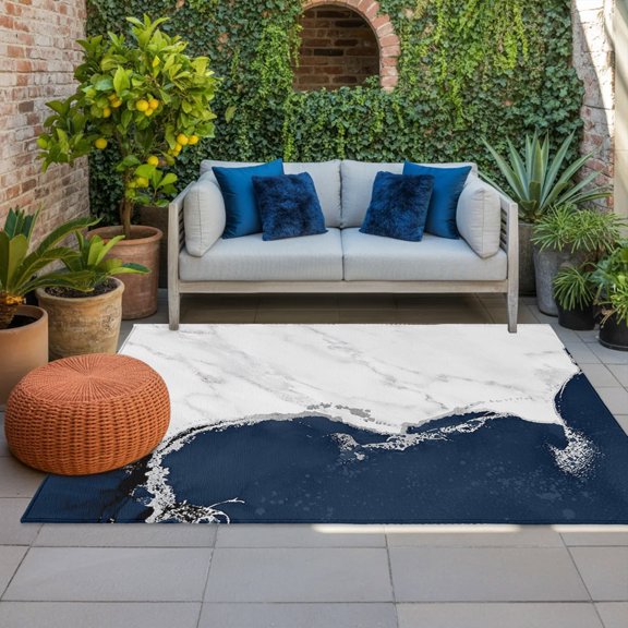 Outdoor Rug, Abstract Marble Stone Texture Indoor Area Rug Outdoor Carpet RV Camping Rugs 4x6ft Classic Dark Blue White Outside Mat for Patio Picnic Porch Deck Balcony Backyard