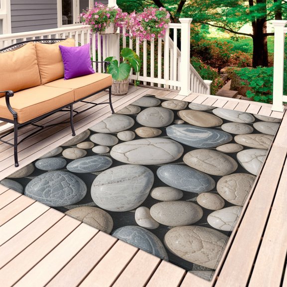 Outdoor Rug, Abstract Natural Grey Cobblestone Absorbant Non-Slip Area Rugs Mat Carpet for Patio Balcony Porch Backyard Deck Rv Camping 3x5ft Modern Grey Pebble Stone