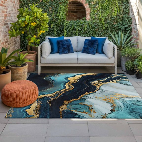 Outdoor Rug, Abstract Natural Marble Teal Black Indoor Area Rug Outdoor Carpet RV Camping Rugs 4x6ft Gold Stripe Crack Stone Outside Mat for Patio Picnic Porch Deck Balcony Backyard