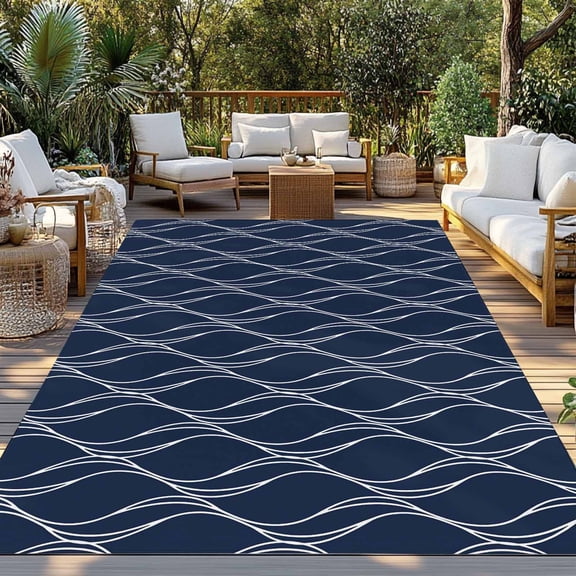 Outdoor Rug, Abstract Navy Blue Waves Line Indoor Area Rug Outdoor Carpet RV Camping Rugs 3x5ft Classic White Striped Wavy Outside Mat for Patio Picnic Porch Deck Balcony Backyard