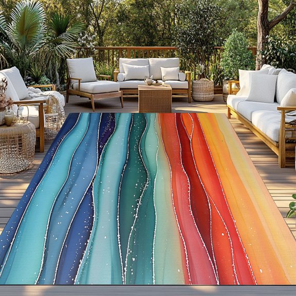 Outdoor Rug, Abstract Rainbow Wave Marble Texture Indoor Area Rug Outdoor Carpet RV Camping Rugs 3x5ft Colorful Ocean Waves Outside Mat for Patio Picnic Porch Deck Balcony Backyard
