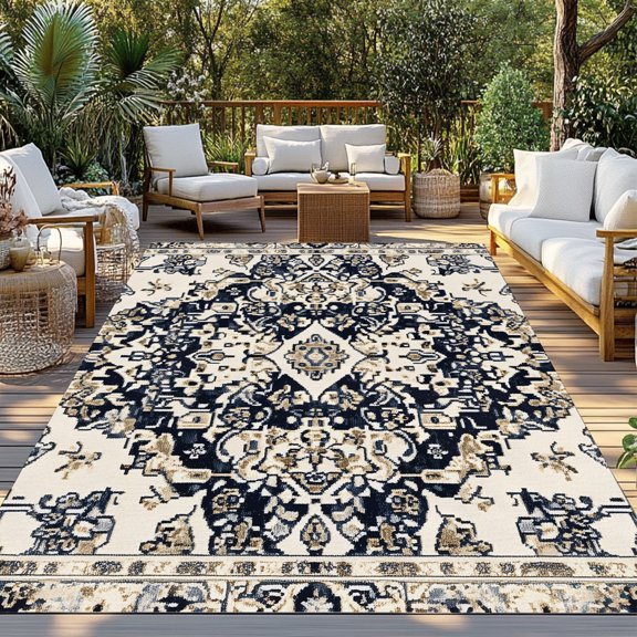 Outdoor Rug, Abstract Retro Ethnic Pattern Indoor Area Rug Outdoor Carpet RV Camping Rugs 3x5ft Boho Tribal Floral Texture Outside Mat for Patio Picnic Porch Deck Balcony Backyard