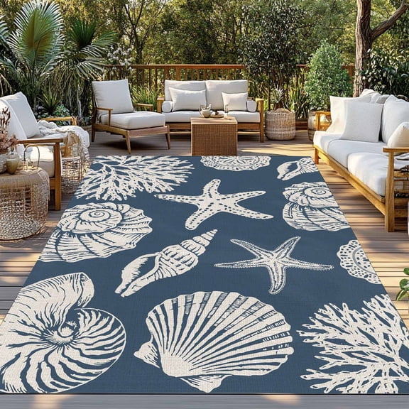 Outdoor Rug, Abstract Starfish Conch Shell Indoor Area Rug Outdoor Carpet RV Camping Rugs 3x5ft Farmhouse Dark Blue Outside Mat for Patio Picnic Porch Deck Balcony Backyard